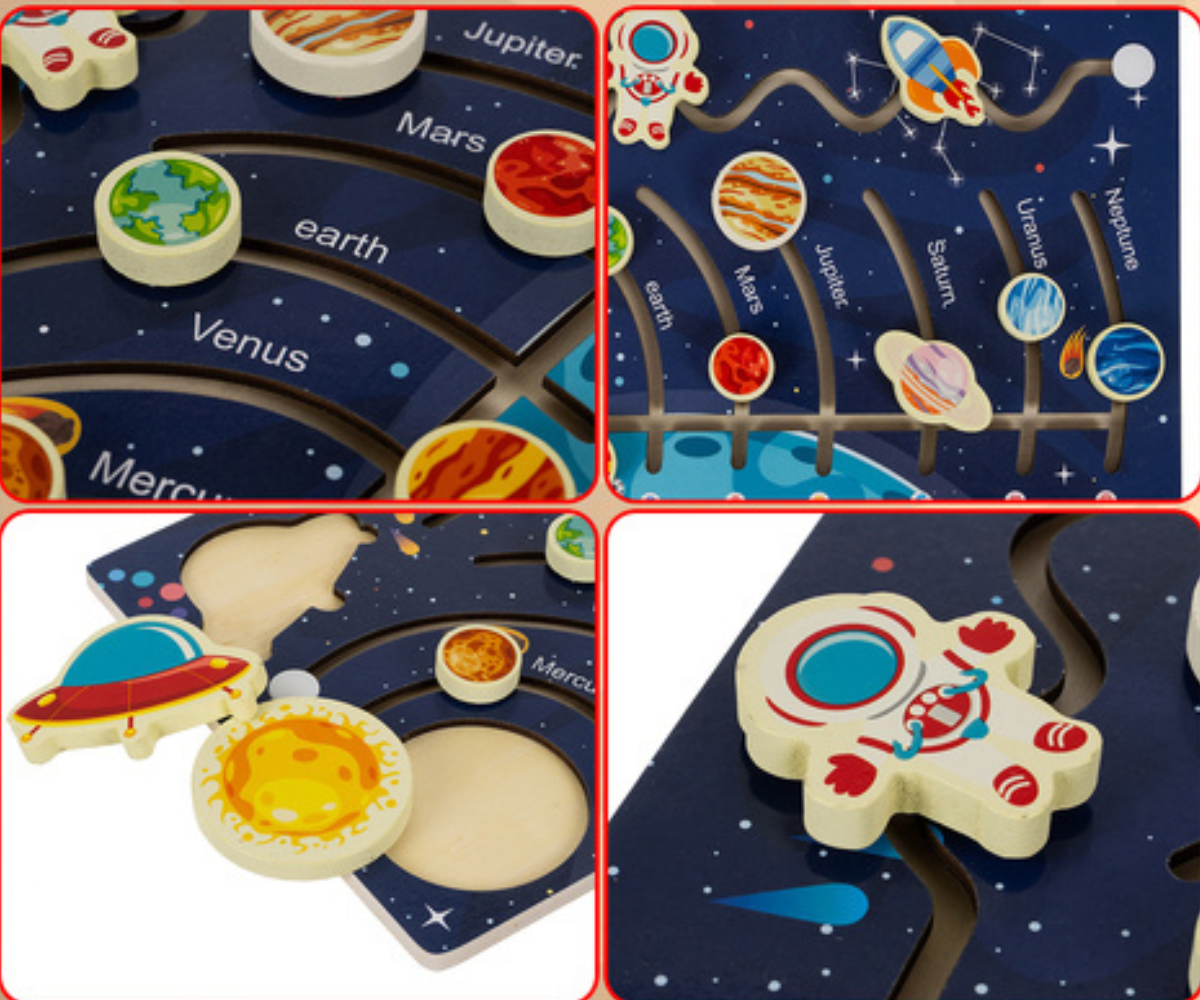 Montessori puidust pusle planeetidega lapsele