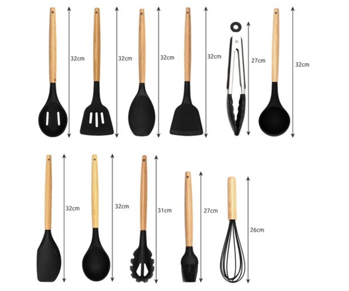 Köögitarvikute mõõtmed silikoonist köögitarvikute komplekt alusega – 11 osa.