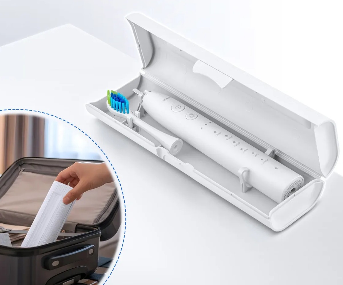 Elektriline hambahari Berdsen – (kuni 50 päeva aku kestvus) valge, pakituna mugavasse kaasaskantavasse kasti.