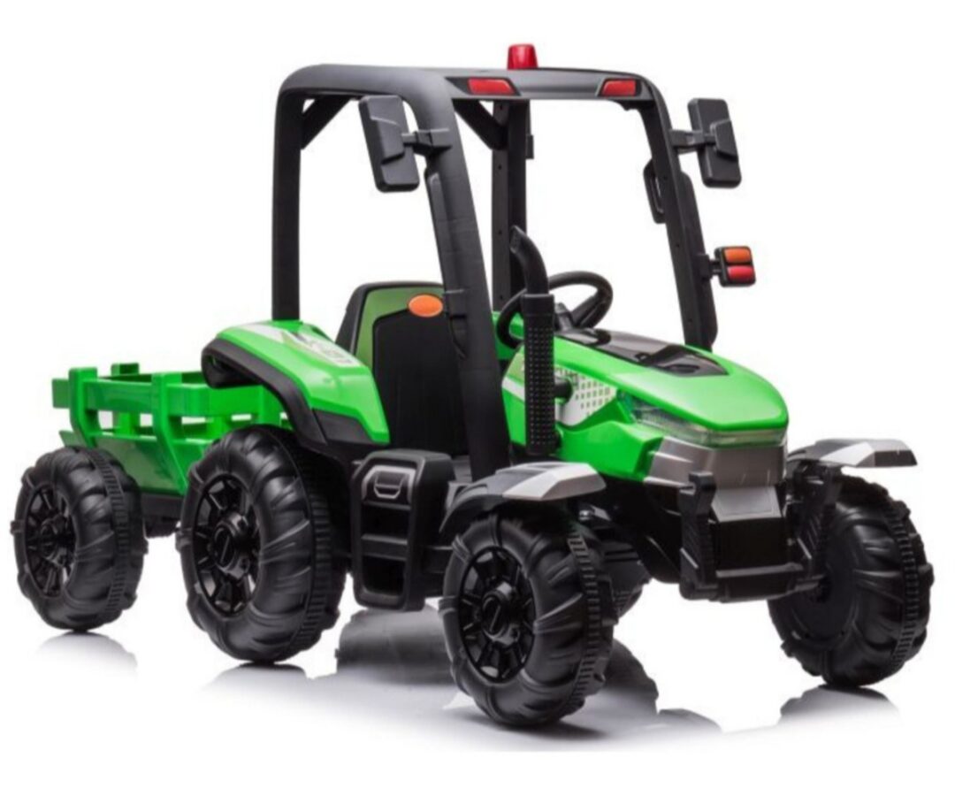 Laste elektriline traktor järelkäruga BLT-206 (2x200W) – roheline, näidatud esiküljest.