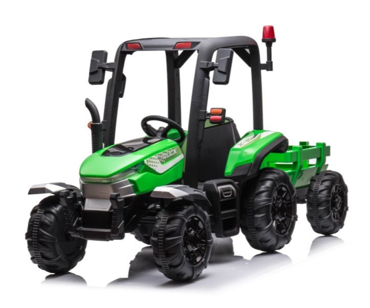 Laste elektriline traktor järelkäruga BLT-206 (2x200W) – roheline, vaade küljelt.