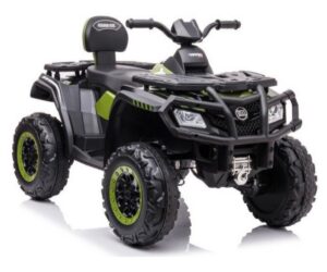 Elektriline laste ATV S615 (4x80W) - roheline külgvaade, täis musta ja rohelise disainiga ning suure maastikurehvidega.