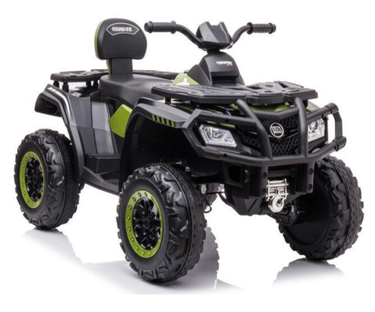 Elektriline laste ATV S615 (4x80W) - roheline külgvaade, täis musta ja rohelise disainiga ning suure maastikurehvidega.