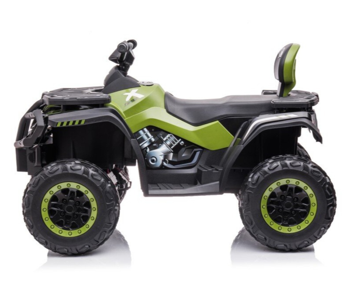 Elektriline laste ATV S615 (4x80W) - roheline profiilikeskkond, näidates mootori detailsust ja suurt rehvi disaini.