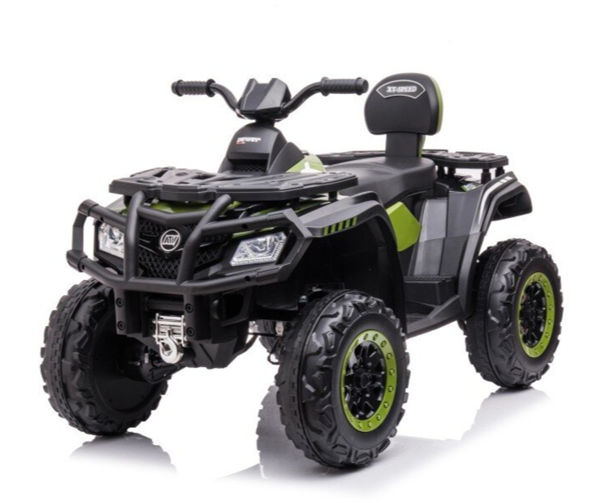 Elektriline laste ATV S615 (4x80W) - roheline esiotsa, esile tuues LED valguse ja robustse raami.