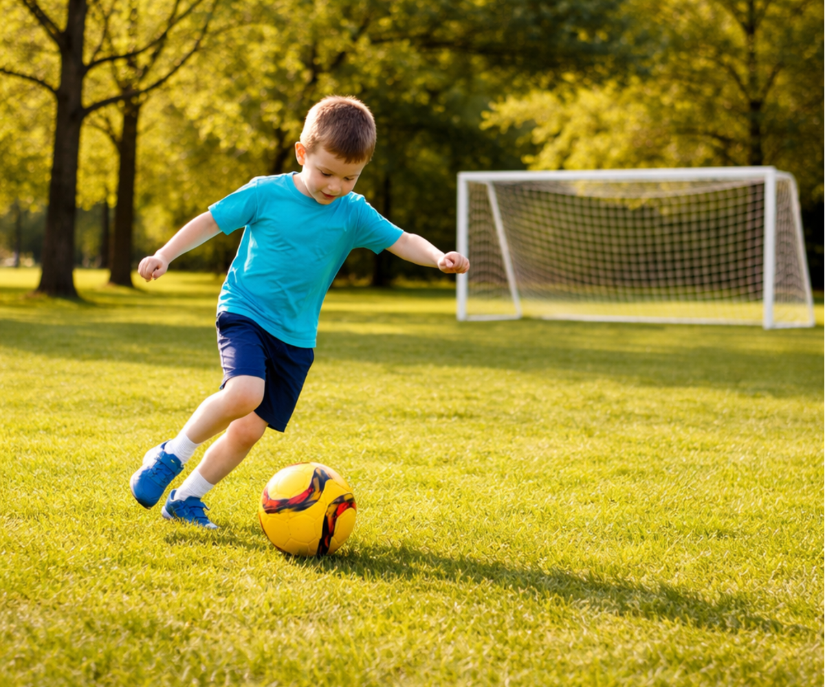 Laps jookseb jalgpall värviline – suurus 5 (24cm) taga, mängides rohelises pargis