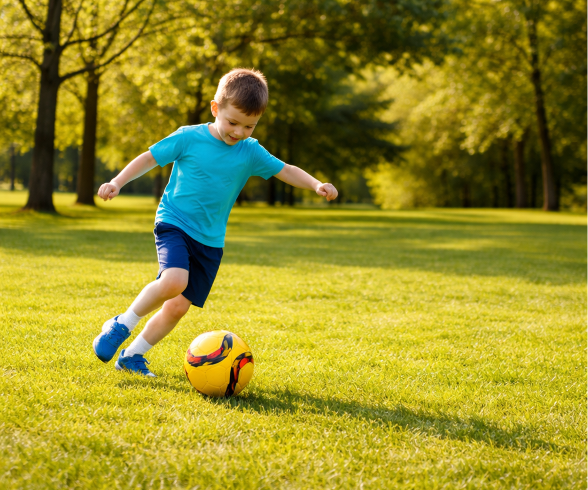 Noor mängija puudutab jalgpall värviline – suurus 5 (24cm) jalaga, võrguvärava taustal