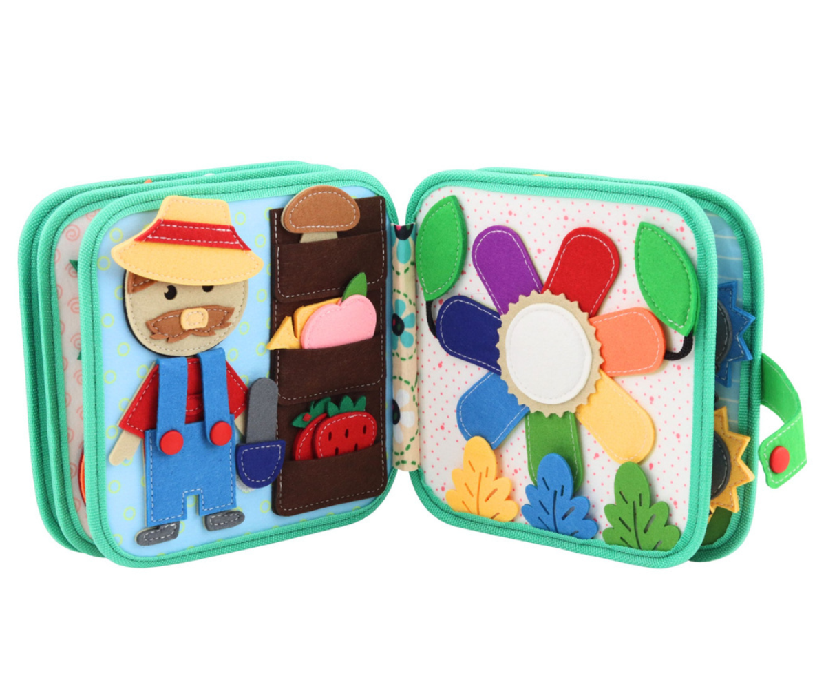 Sensoorne mänguraamat pehmest vildist koduloomade ja värviliste detailidega