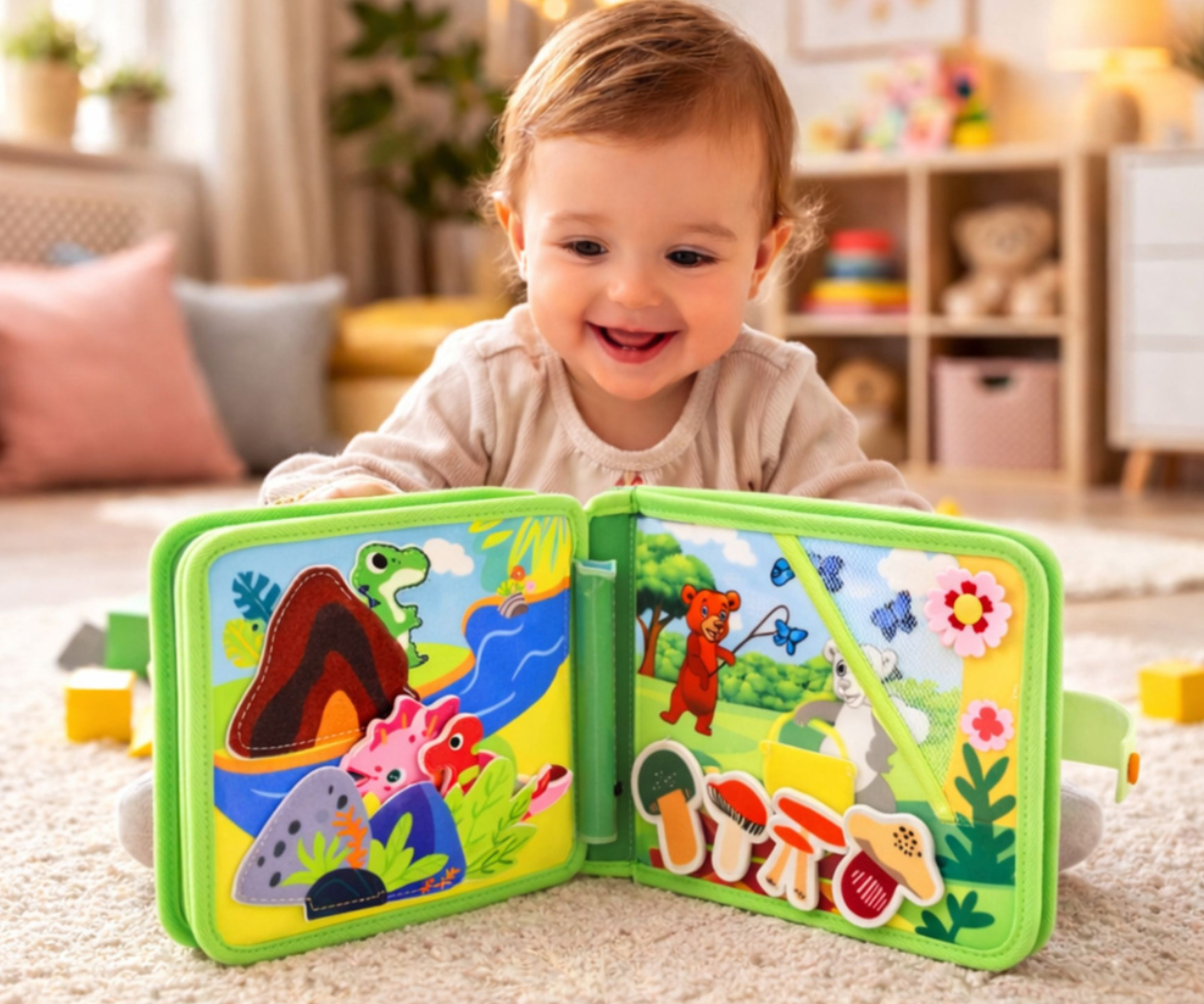 Vildist õpiraamat lapsele metsloomade, värviliste kujundite ja sobitamiselementidega