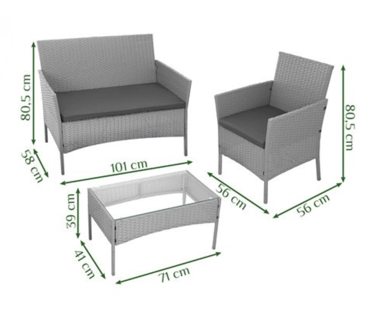 Aiamööbli komplekt pehmete patjade ja klaasplaadiga lauaga õuealale