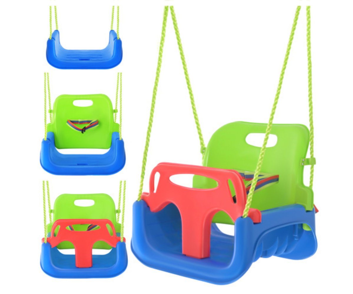 Värviline lastekiik seljatoe, turvapiirde ja vastupidavate köitega