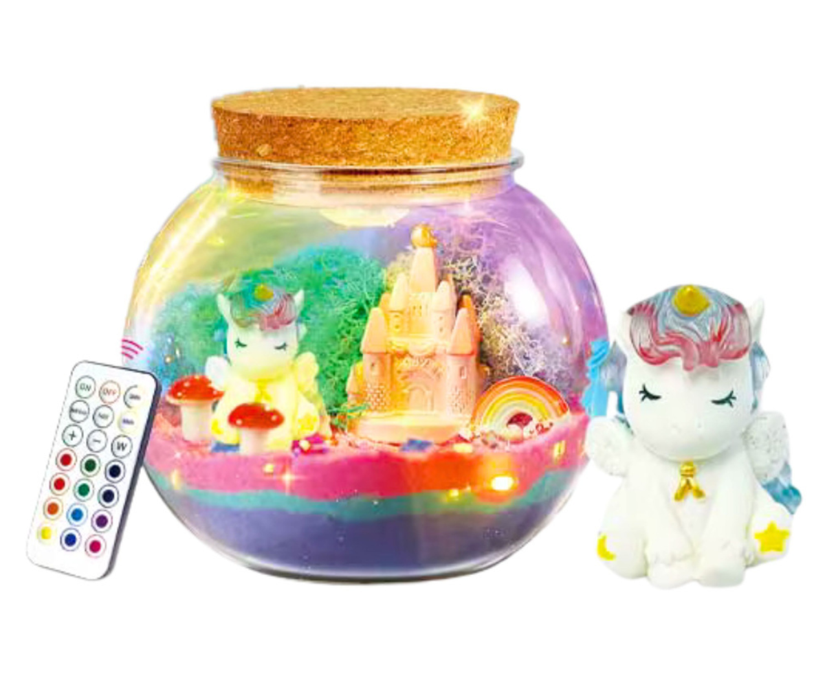 Laste meisterdamiskomplekt ükssarviku terraariumi ja valgusefektidega