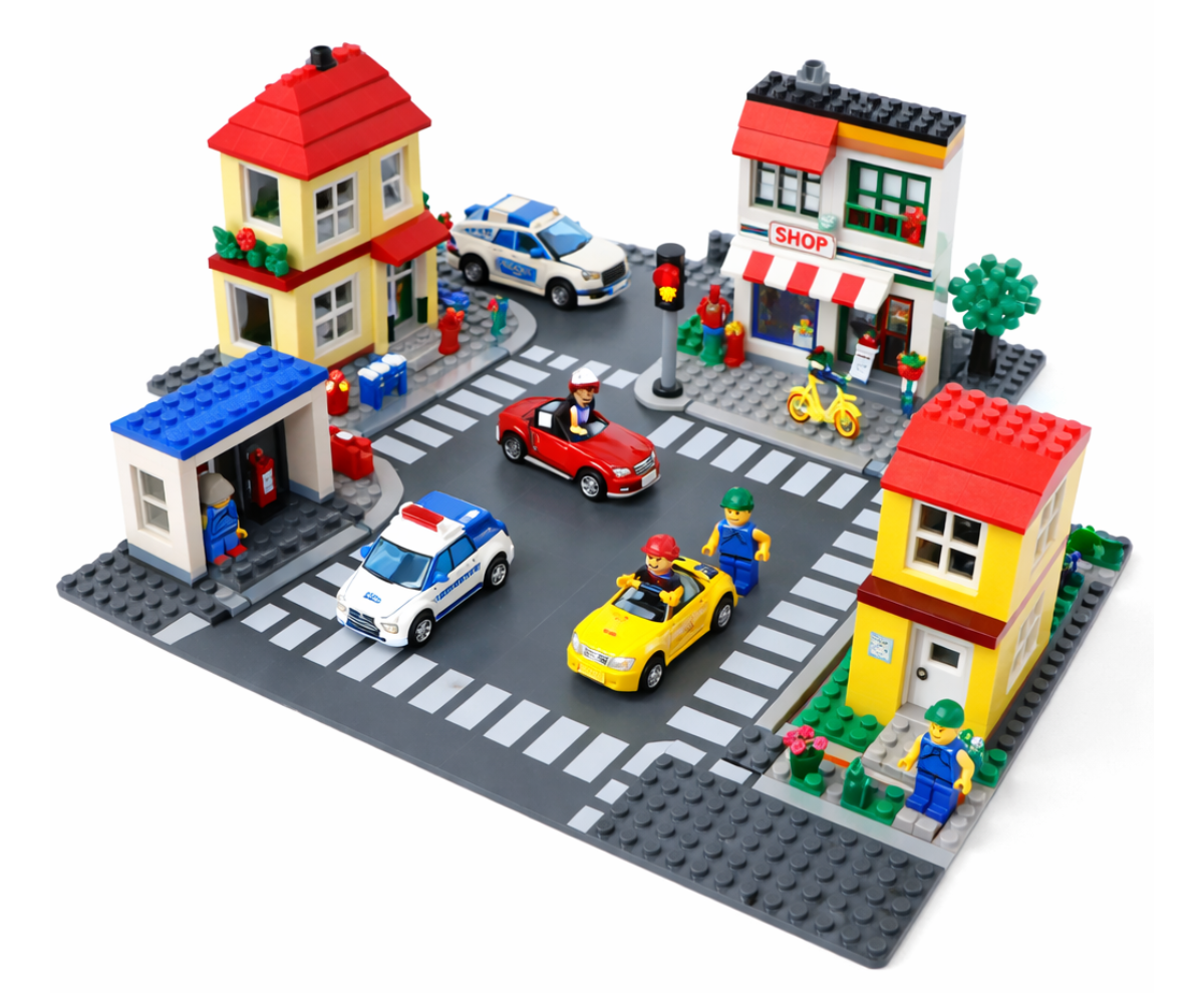 Klotsidega ühilduv teeplaat realistliku ristmiku ja valge trükiga