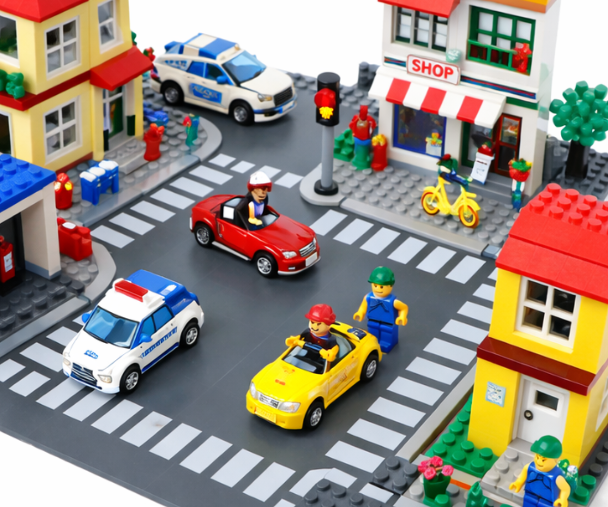 Hall ristmikuga ehitusplaat ülekäiguradade ja teekattemärgistega