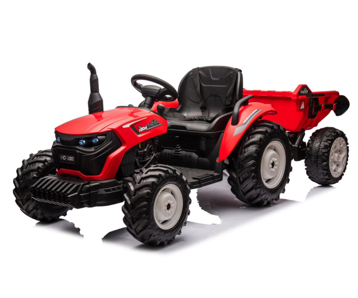 Punane laste elektriline traktor haagise, esitulede ja kaugjuhtimispuldiga