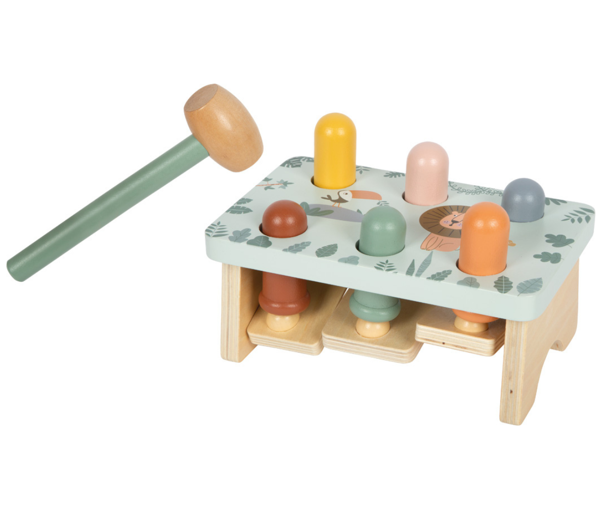 Puidust motoorikamäng haamri ja liikuvate pulkadega väikesele avastajale