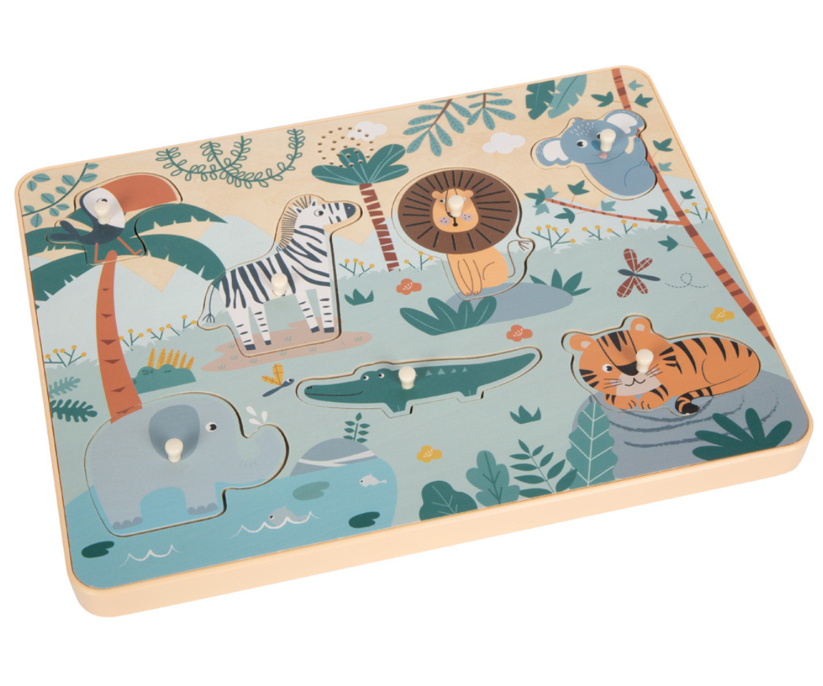 Puidust helidega pusle safari loomade ja värviliste illustratsioonidega