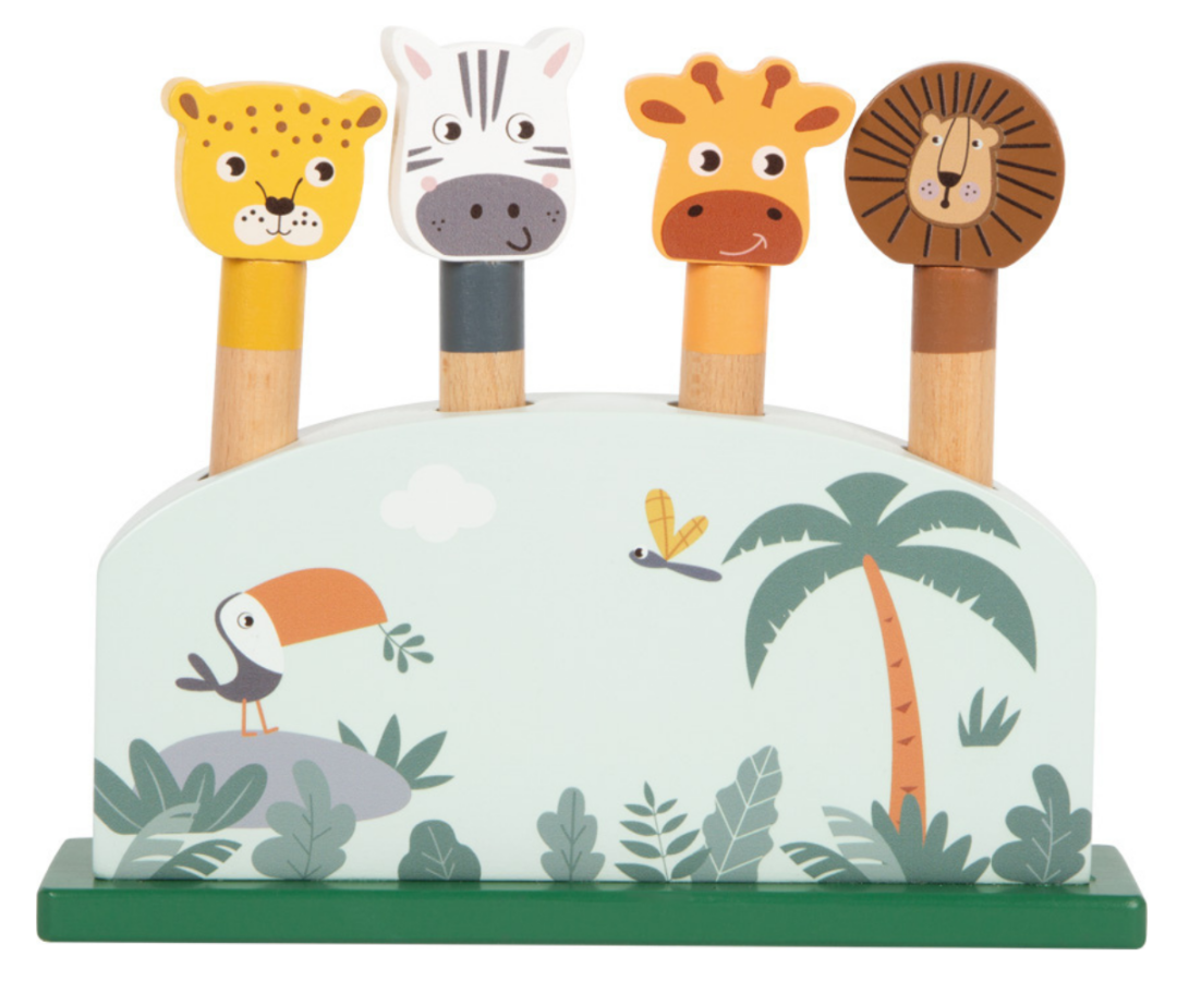 Puidust hüppavate loomade mäng armsate safari kujukeste ja vedrumehhanismiga