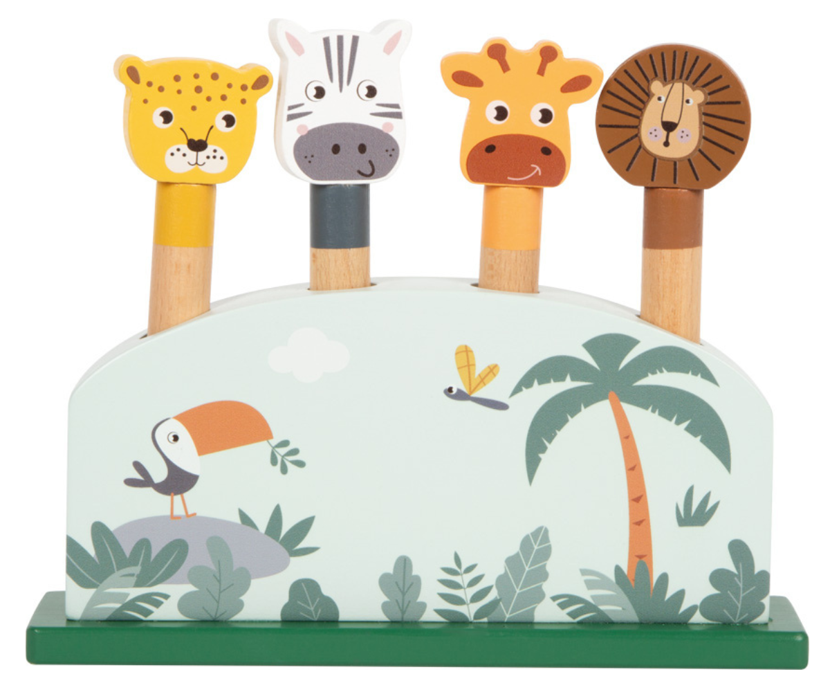 Puidust hüppavate loomade mäng armsate safari kujukeste ja vedrumehhanismiga