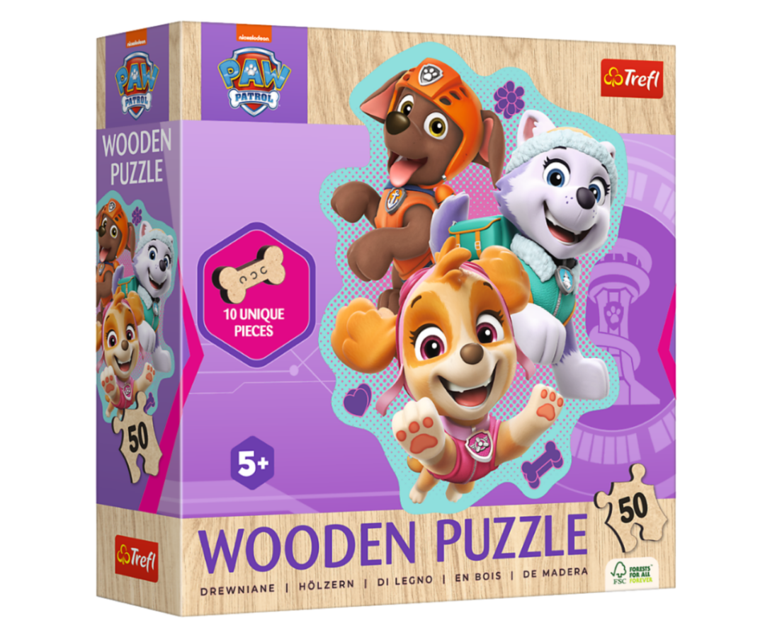 Arendav puidust kontuurpusle rõõmsate kutsikatega lapsele