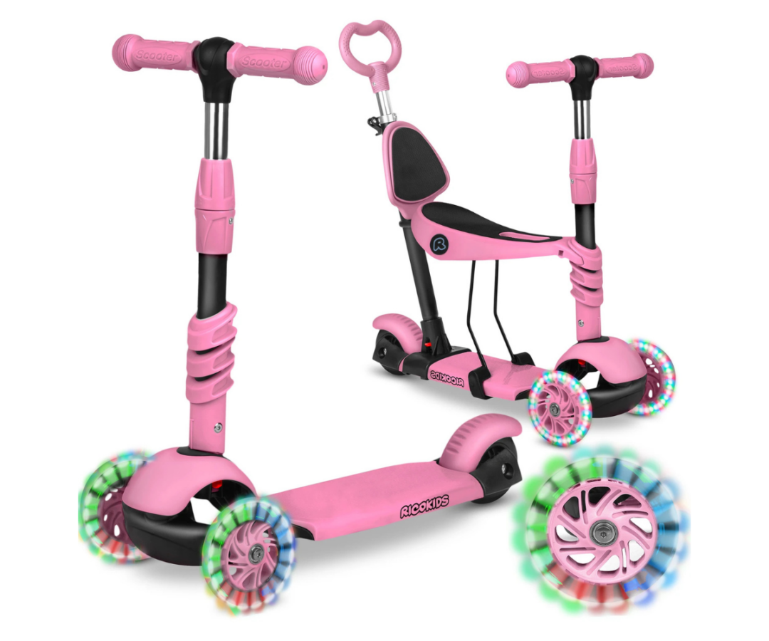 Tõukeratas lükkevarrega Ricokids Todi 3in1 LED (roosa) 12+ kuud