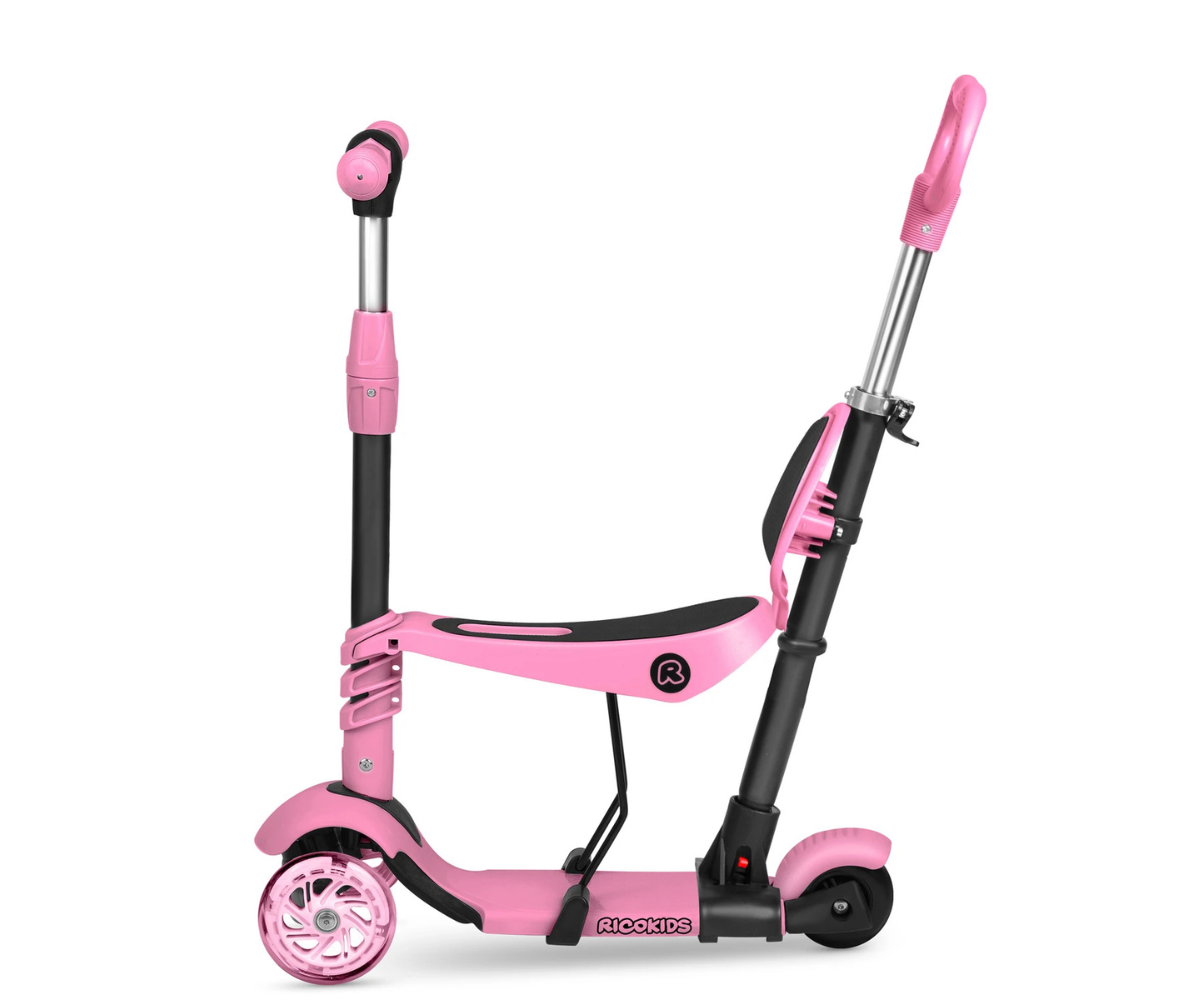 Tõukeratas lükkevarrega Ricokids Todi 3in1 LED (roosa) 12+ kuud