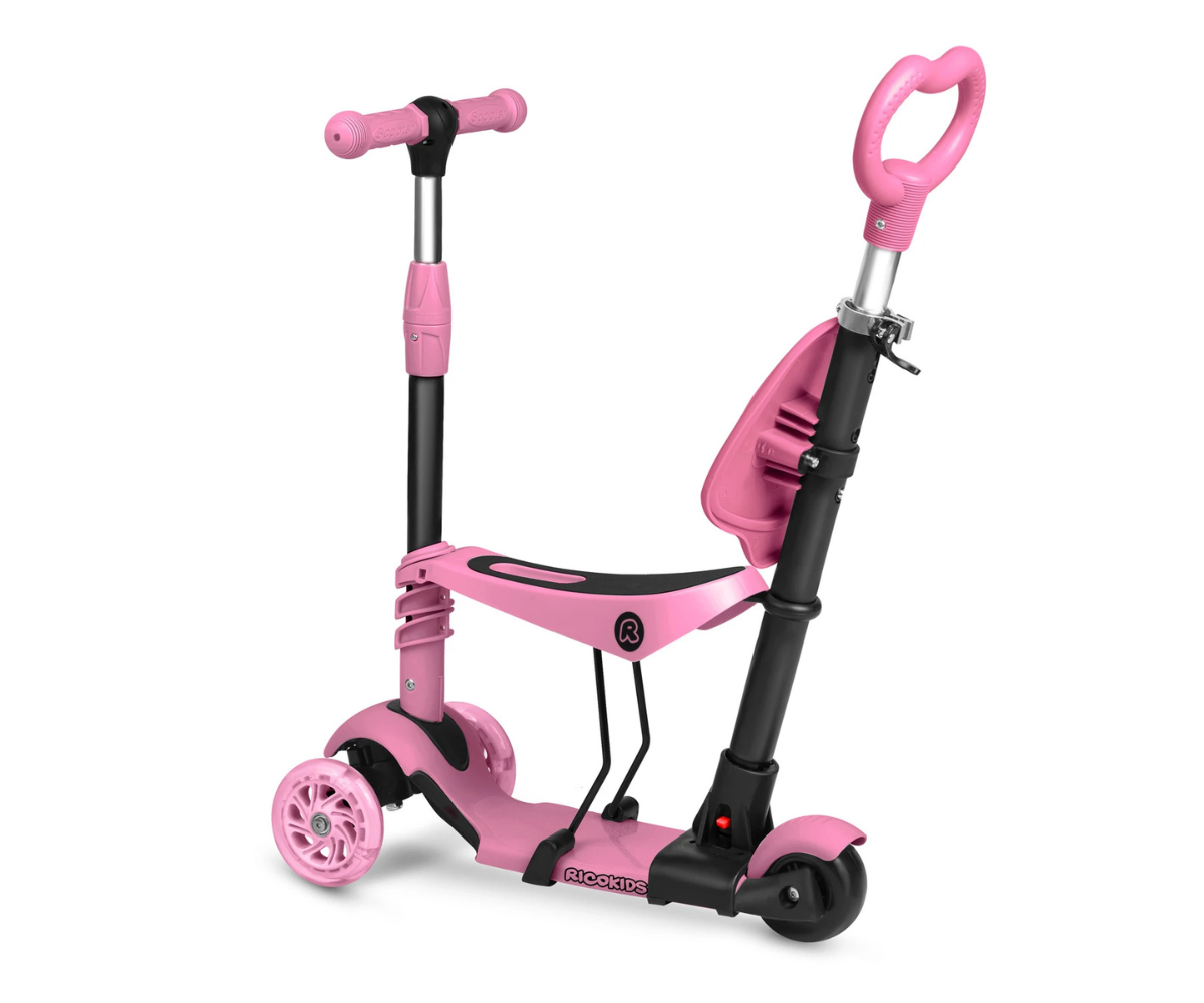 Tõukeratas lükkevarrega Ricokids Todi 3in1 LED (roosa) 12+ kuud