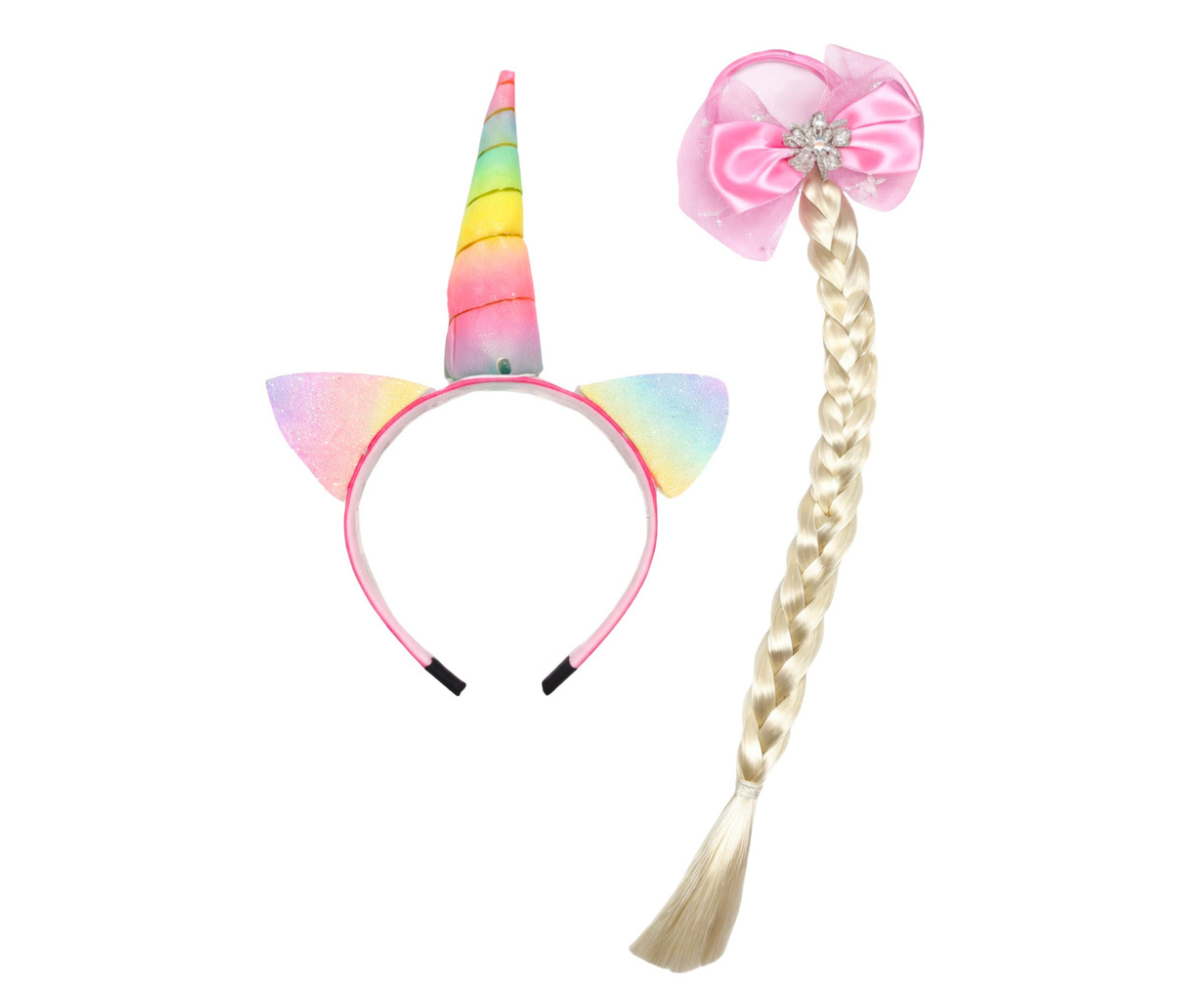 Laste juukseaksessuaaride komplekt ükssarviku sarve ja pika patsiga