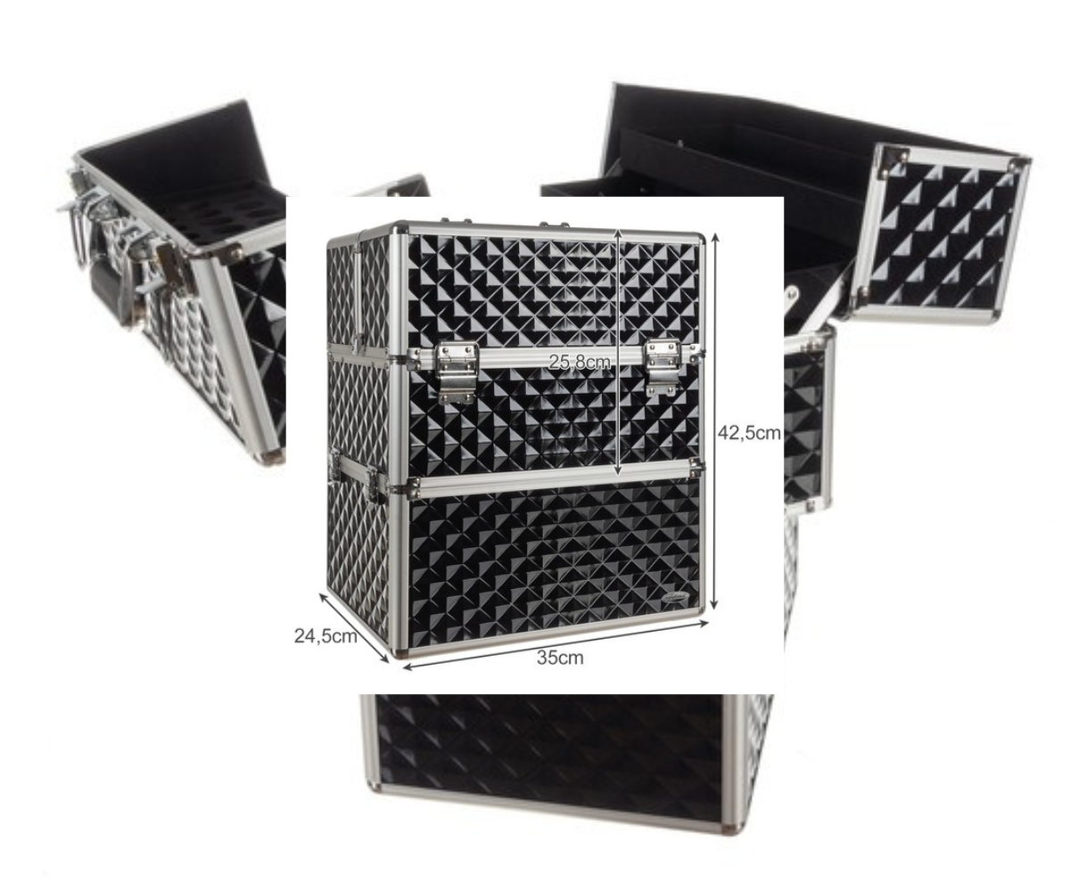 Suur kosmeetikakohver lukustatava korpuse ja mitme hoiulahtriga