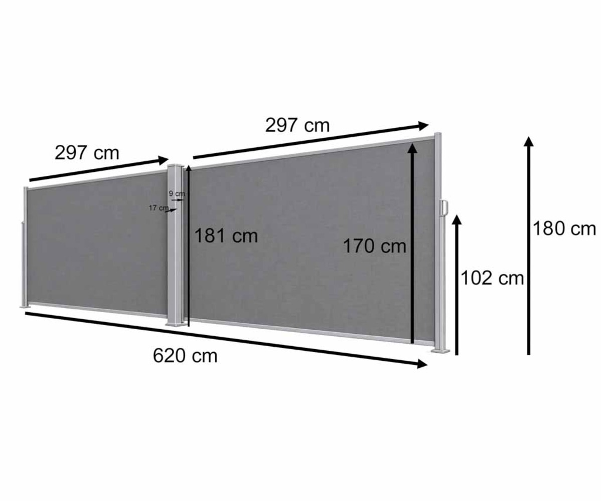 Külgmarkiis terrassile 180x620cm - hall, mõõtmete ja detailide illustratsioon.