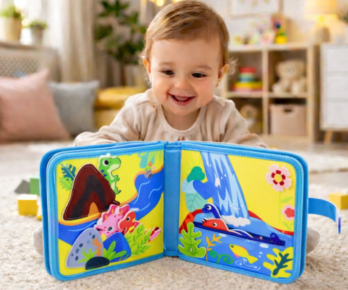 Vildist sensoorne õpiraamat lapsele dinosauruste teemaga