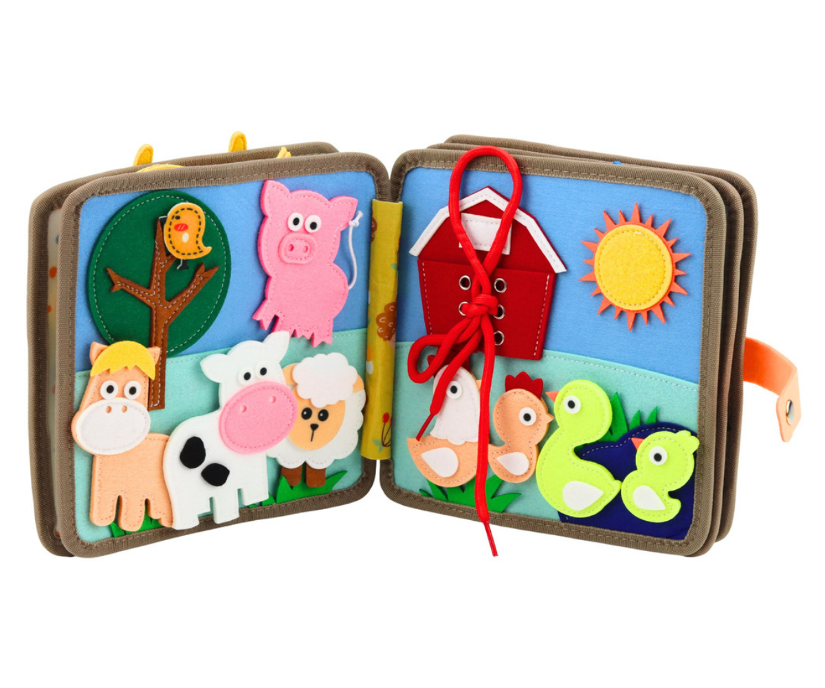 Sensoorne vildiraamat lapsele värvide, kujundite ja loomade õppimiseks