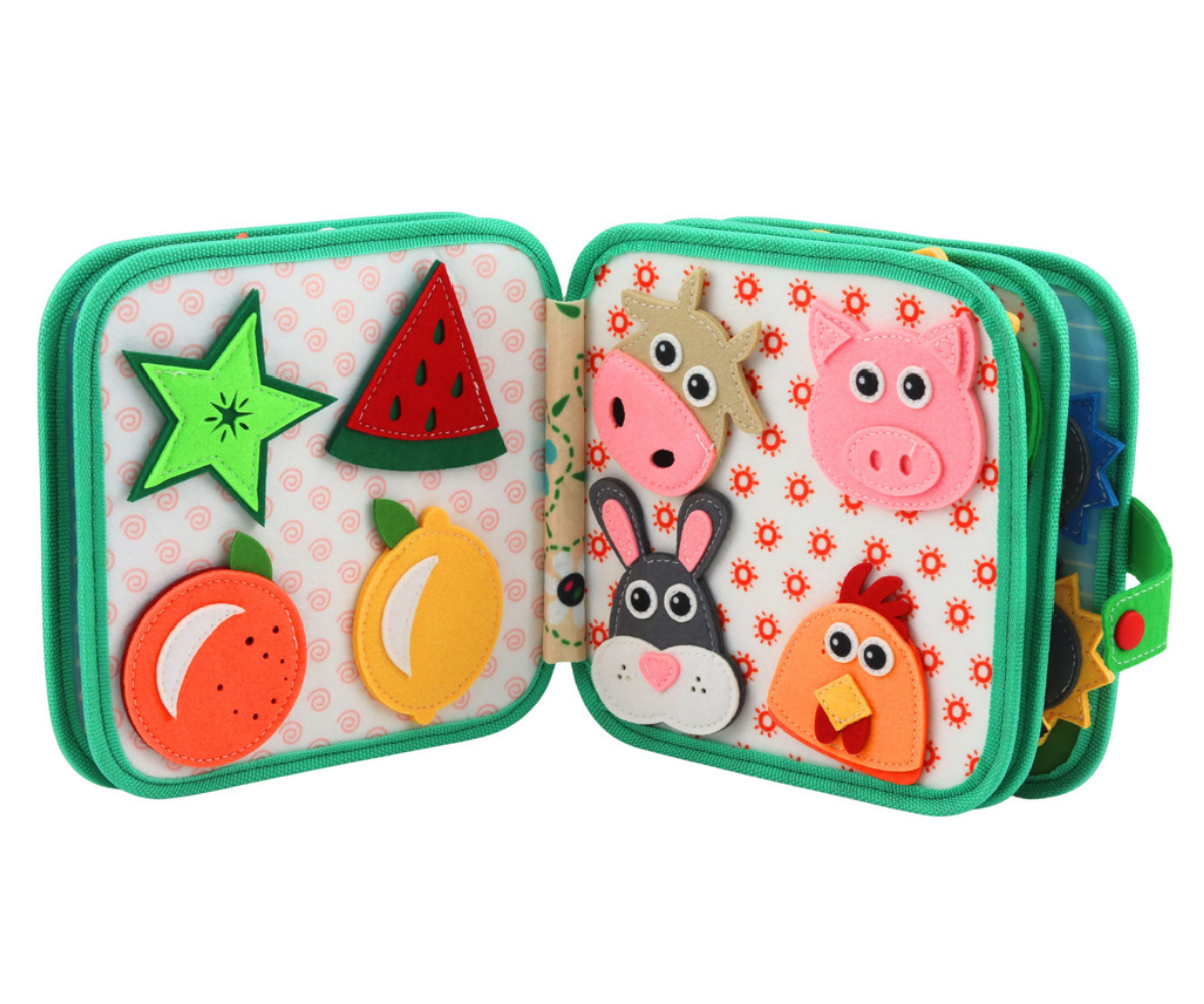 Sensoorne vildiraamat lapsele värvide, kujundite ja loomade õppimiseks