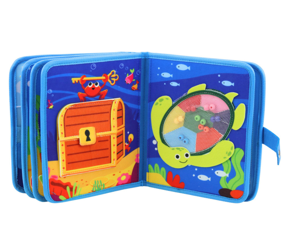 Sensoorne vildiraamat lapsele värvide, kujundite ja mereloomade õppimiseks