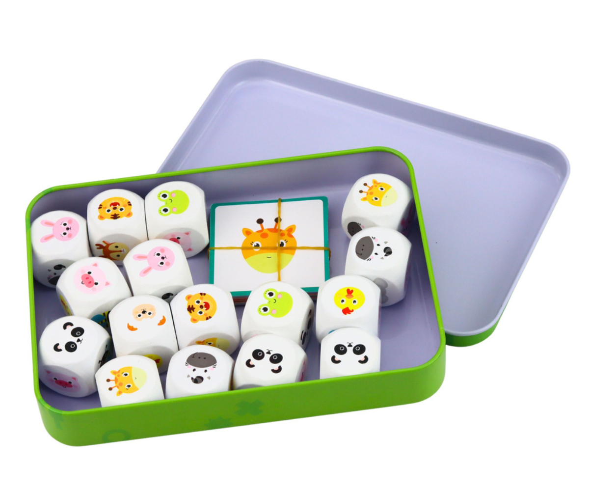 Puidust kuubikupusle lapsele loomapiltide sobitamiseks