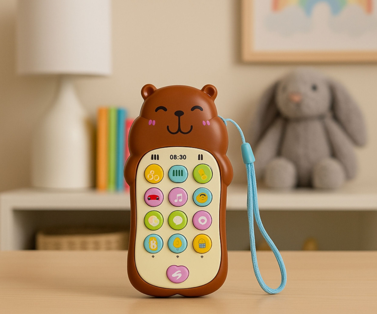 Pruun laste telefon mänguasi värviliste nuppudega