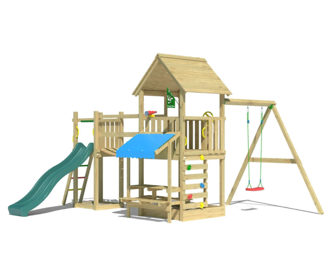 Turvaline puidust mänguväljak aeda mitme mänguelemendiga