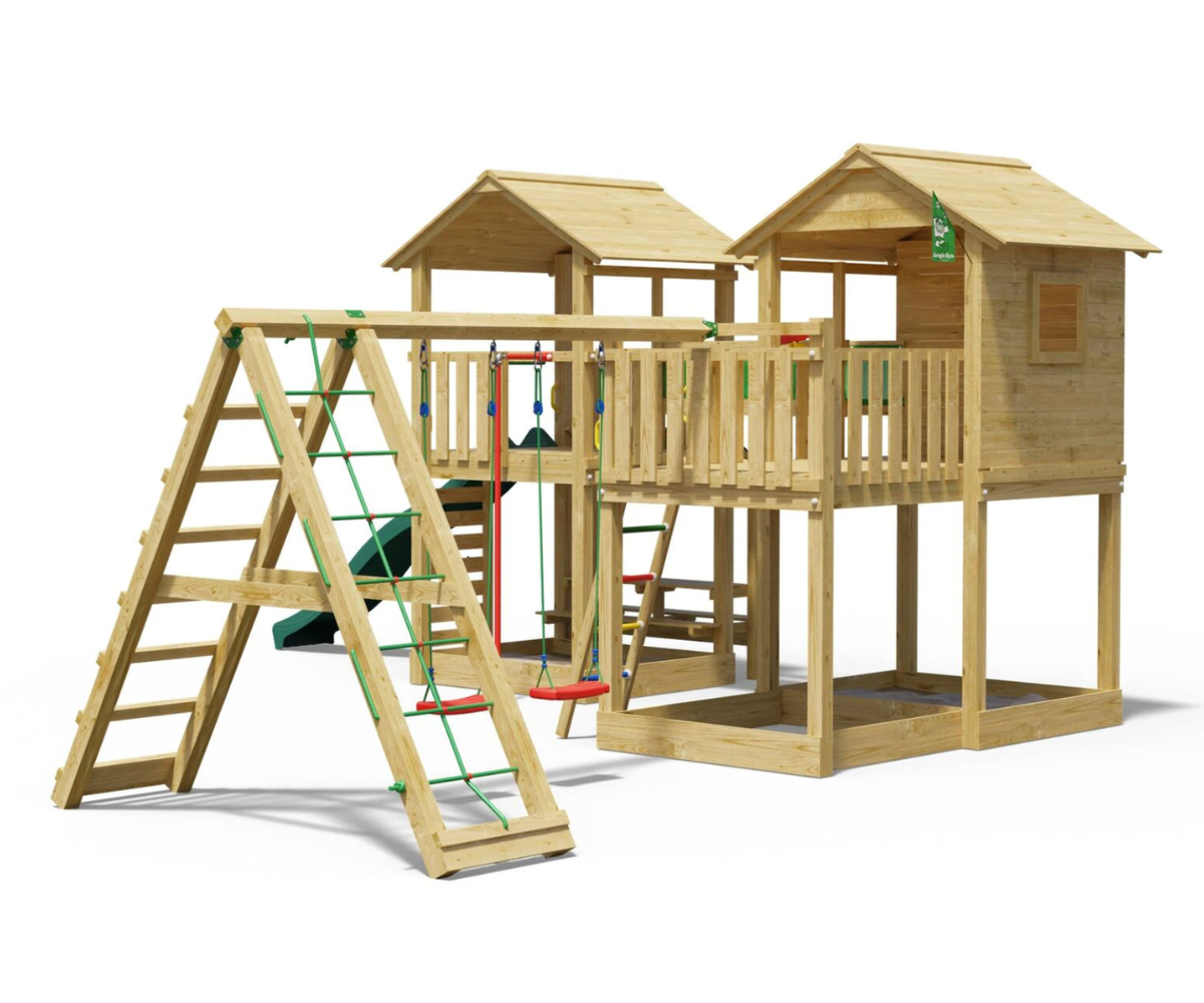 Turvaline puidust mänguväljak mitme mänguelemendiga