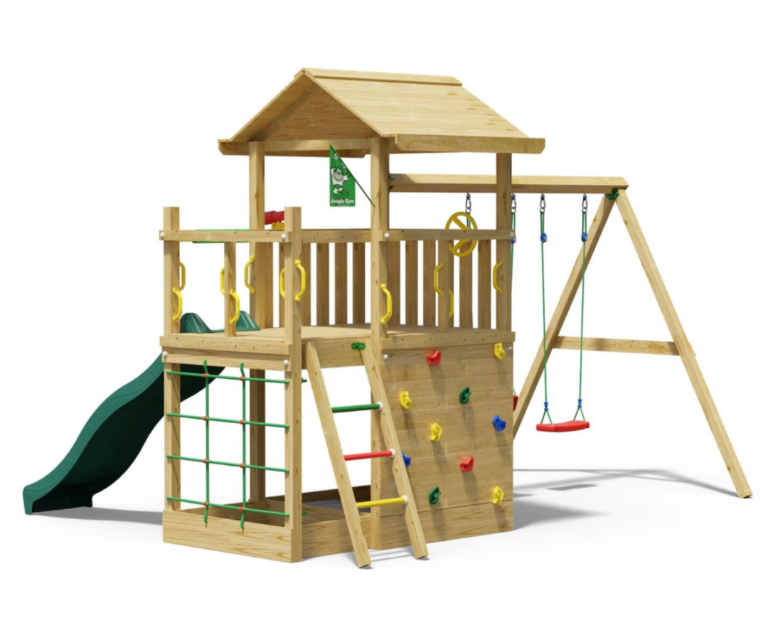 Turvaline puidust mängumaja liivakasti ja kiikedega
