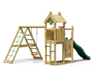 Turvaline puidust mänguväljak aeda mitme mänguelemendiga