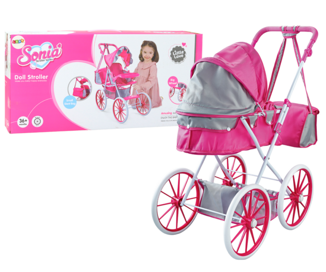 Roosa nuku jalutuskäru hoiuvõrgu ja suuremate ratastega