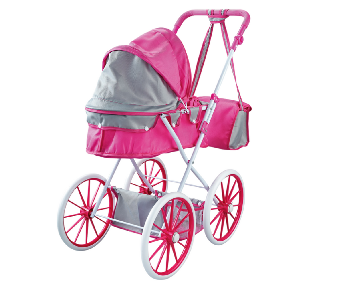 Metallraamiga roosa nuku käru sujuvalt veerevate ratastega