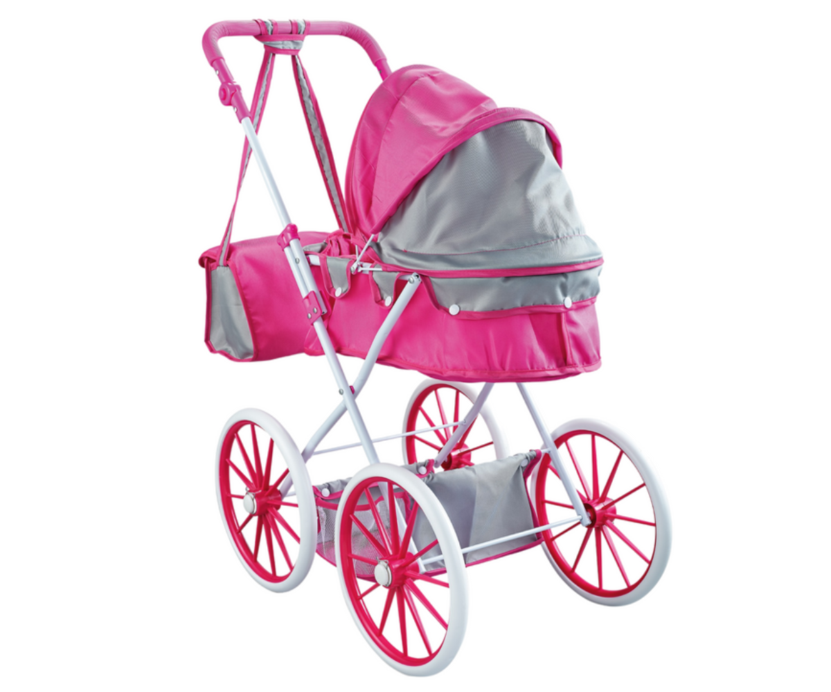 Nukukäru lapsele roosa varikatuse ja aksessuaarikotiga