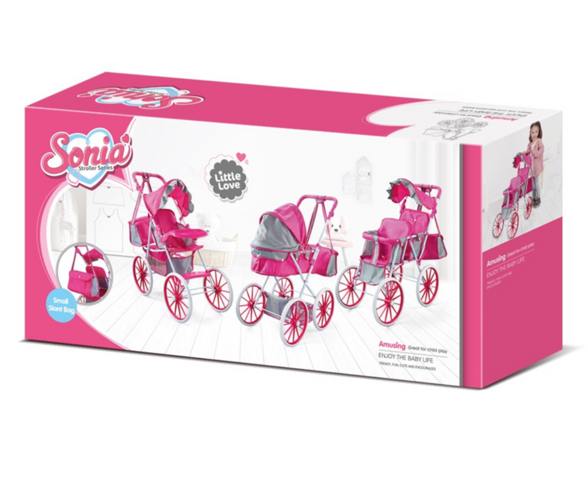 Roosa nuku jalutuskäru metallraamiga suurte ratastega