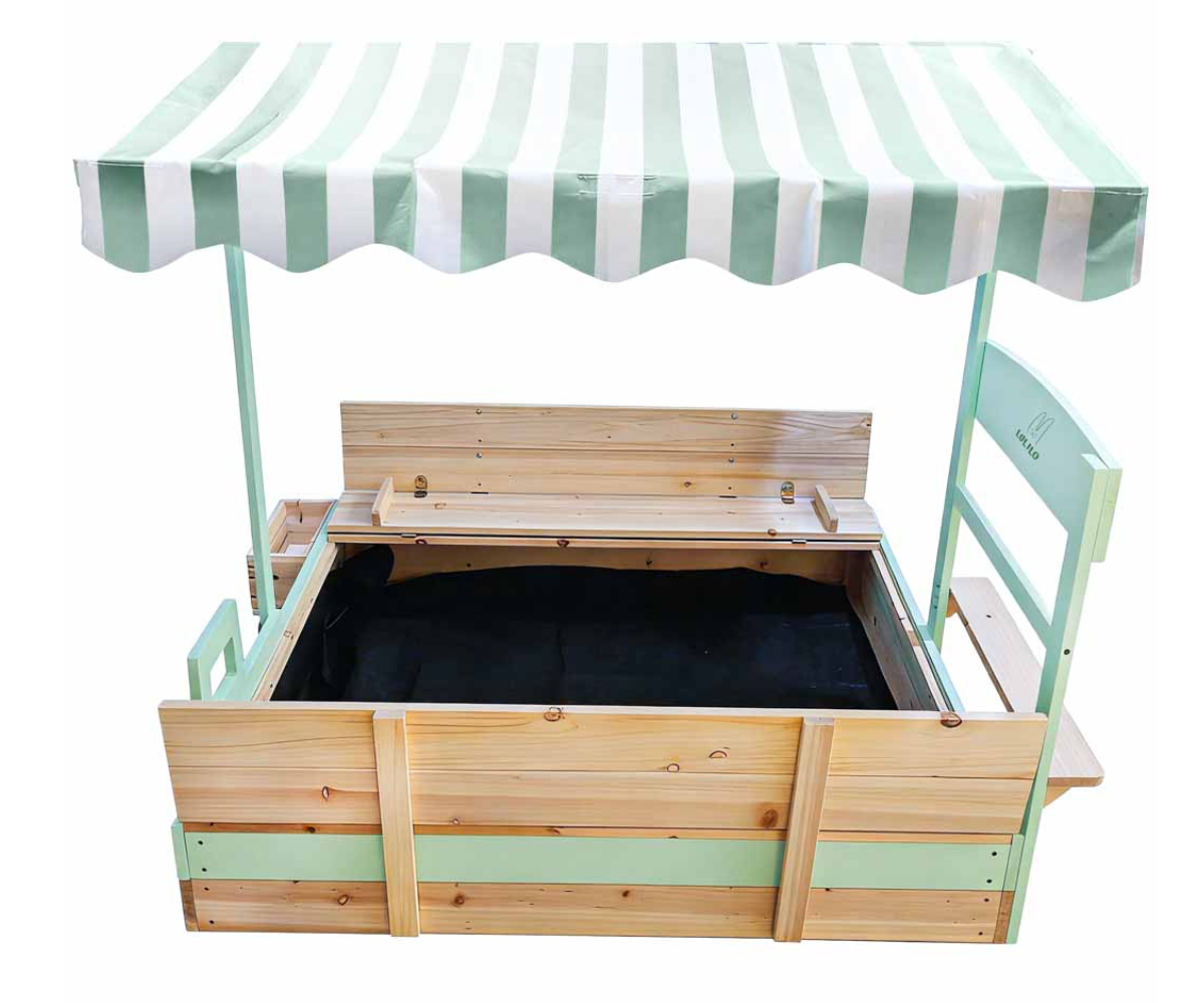 Liivakast katuse ja istmetega mugavaks mänguks