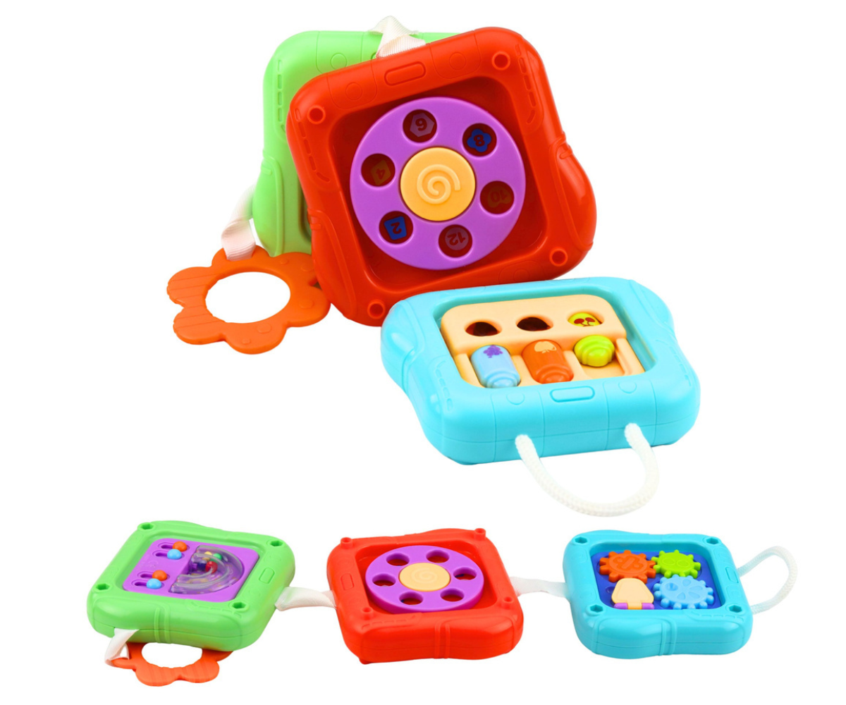 Beebi sensoorne mänguasi pöörlevate ja vajutatavate elementidega