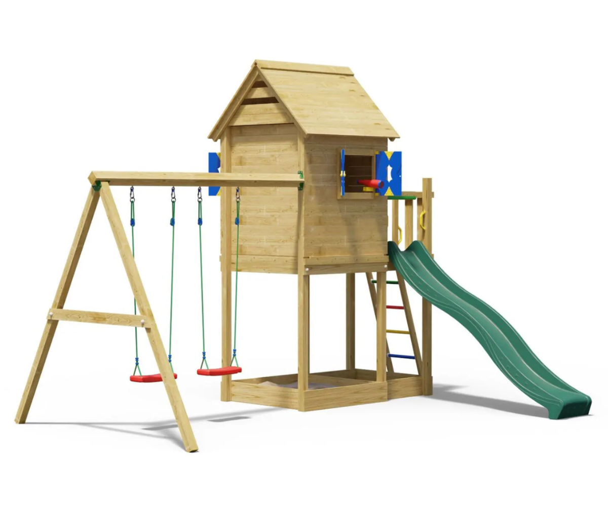 Turvaline puidust mängumaja aknaluukide ja kiikedega
