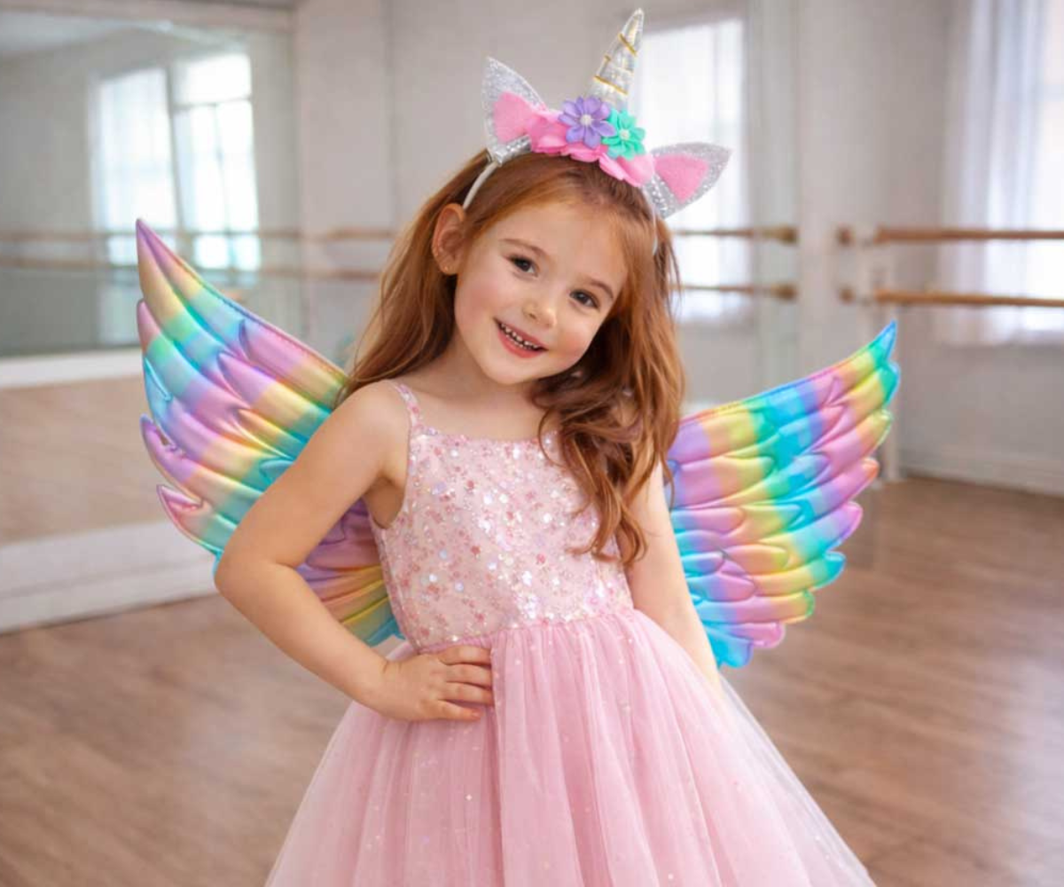 Vikerkaarevärvilised ükssarviku tiivad ja sarvega peavõru