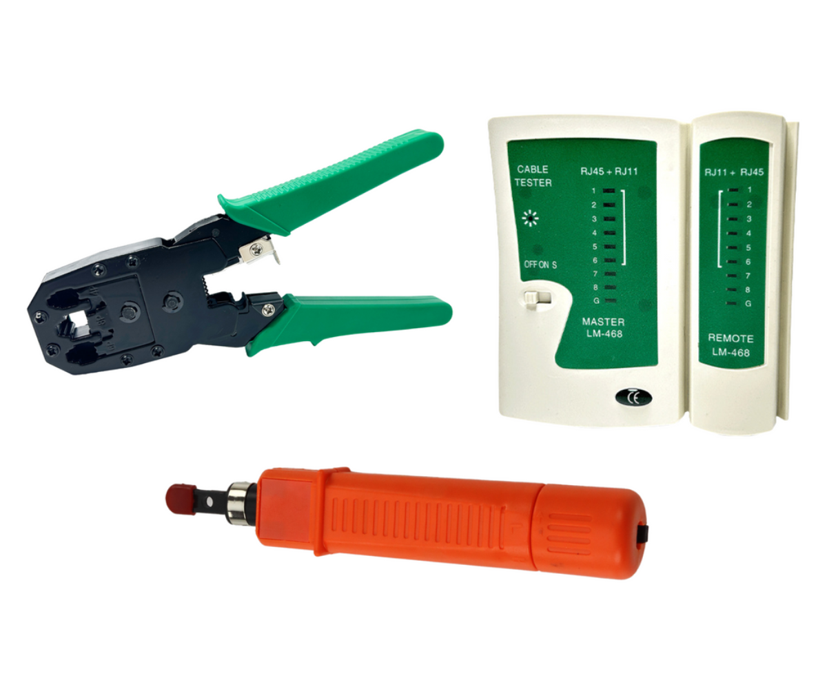 Kaablitesteri ja krimptangidega võrgutööriistade komplekt
