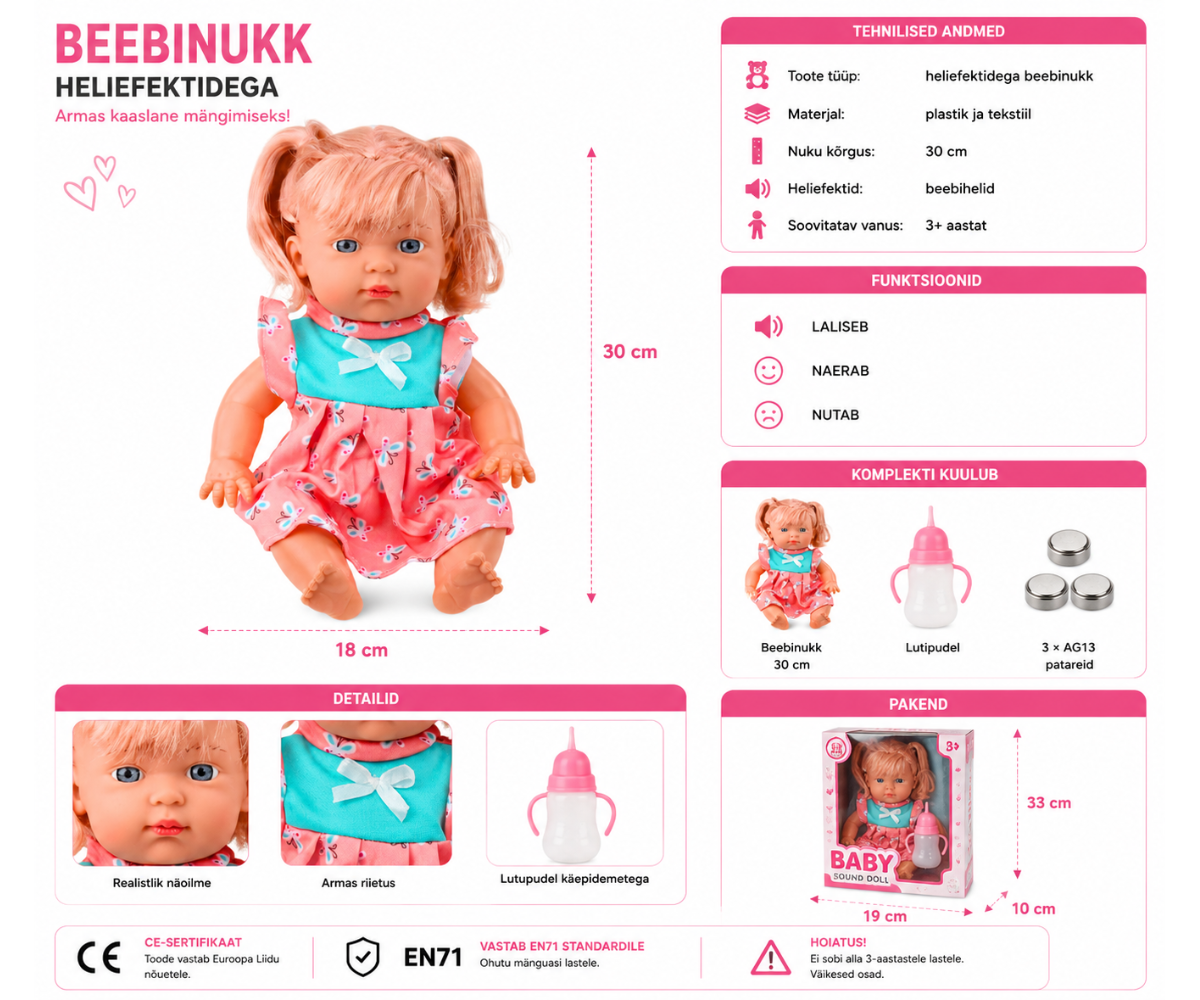 Beebinukk heliefektide ja lutipudeliga 30 cm 👶🍼